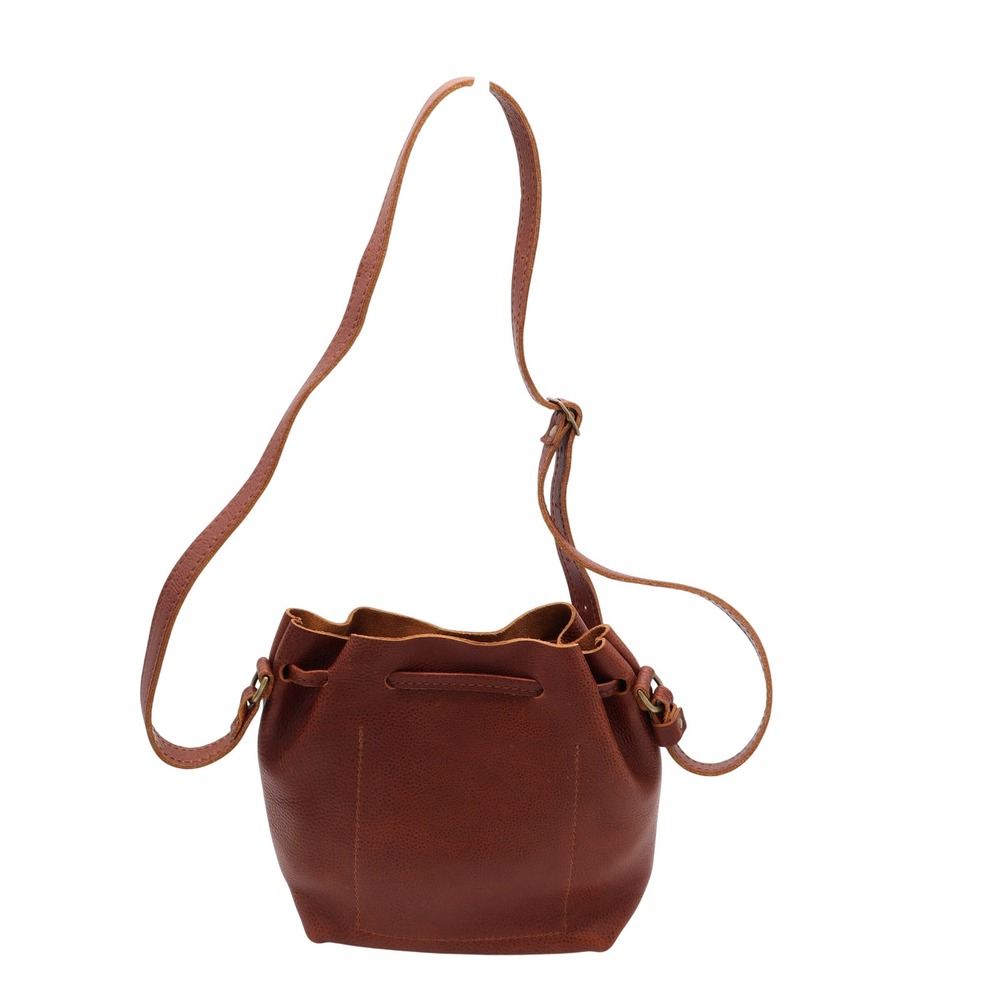 Portland Leather Goods Cognac Brown Pebbled Leather Drawstring Bucket Bag Small - Picture 4 of 5